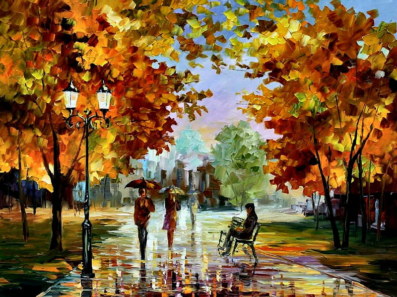 October Walk, art, bonito, park, collage, abstract, illustration, artwork, painting, wide screen, rain, scenery, couple, HD wallpaper