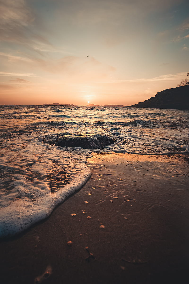 sunset, sea, beach, rocks, waves, HD phone wallpaper