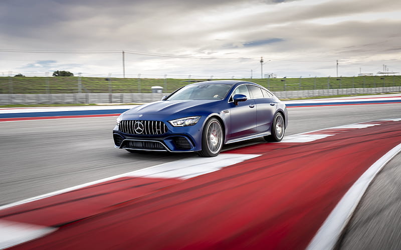 Mercedes-AMG GT 63S 4MATIC, 2019, 4Door-Coupe, front view, racing track, new blue GT 63 S, german cars, Mercedes-Benz, HD wallpaper