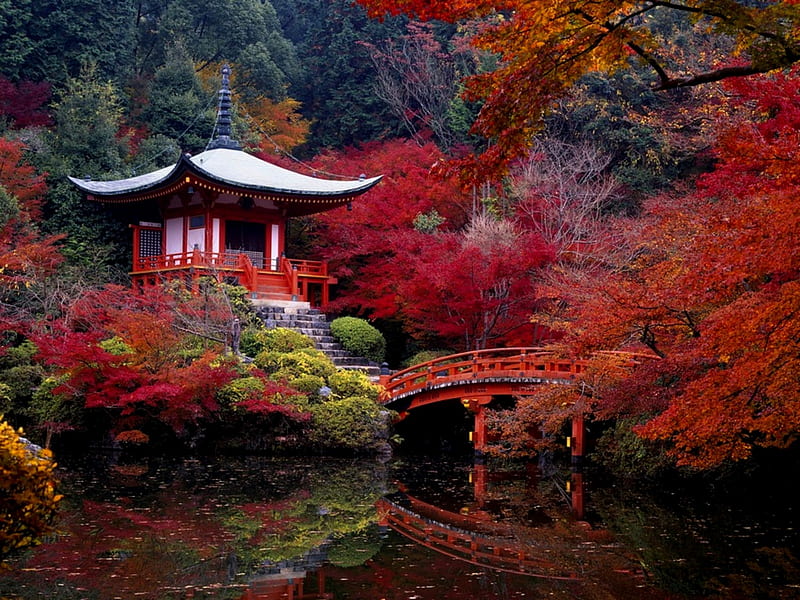 Autumn In Japan, japan, Red, Trees, River, Leaves, Autumn, House, HD wallpaper
