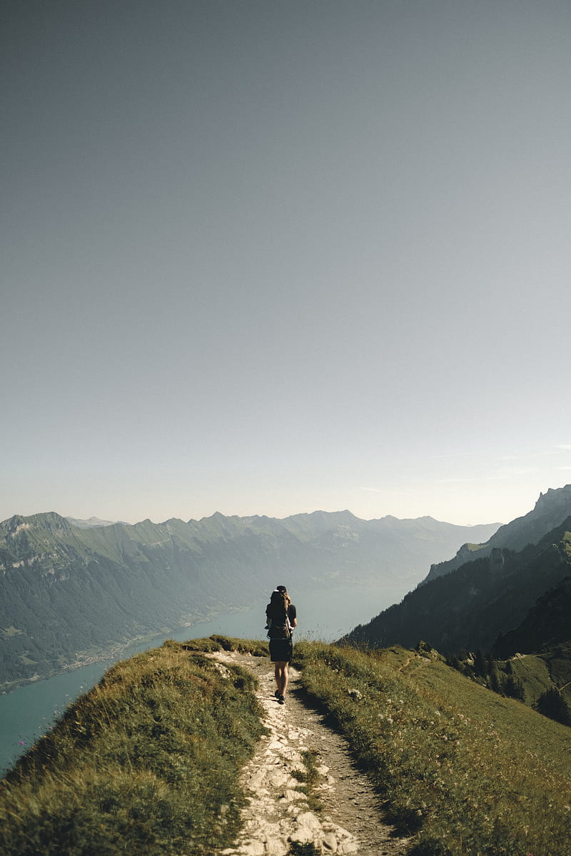 person hiking above mountain overlooking river, HD phone wallpaper