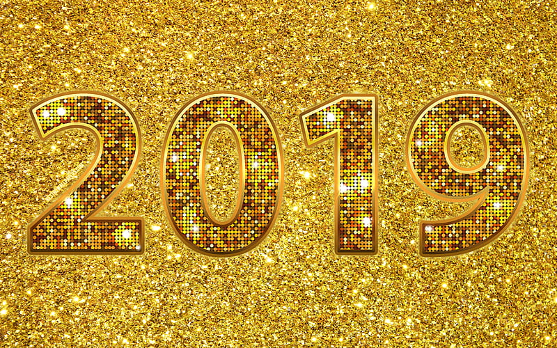 Happy New Year 2019, golden digits, creative, 2019 year, glitter, 2019 concepts, gold background, HD wallpaper