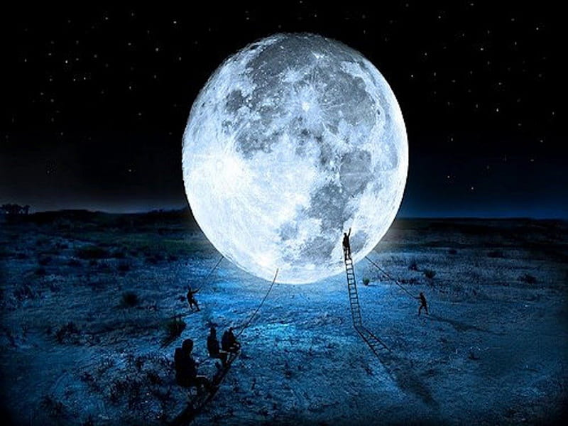The Moon Under Construction, fantasy, moon, graphy, eye trickery, magic, work, HD wallpaper