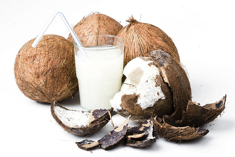Coconuts, glass, drinks, coconut, drink, white background, coconut milk coconuts, HD wallpaper