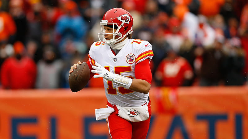 patrick mahomes is running with sprint football in blur audience background wearing red and white sports dress sports-, HD wallpaper