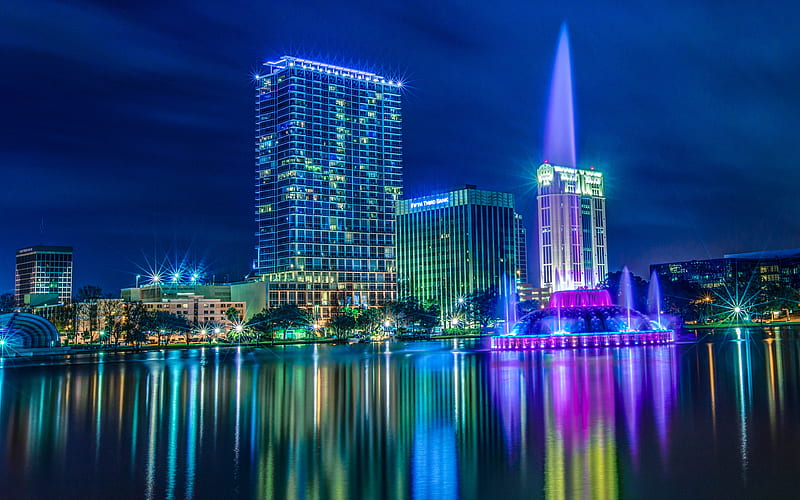 Orlando, night, city lights, Florida, skyscrapers, USA, night sky, HD wallpaper