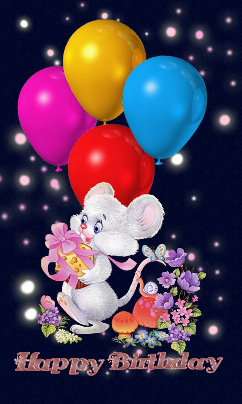 happy birtay, balloon, cartoon, gift, mause, HD phone wallpaper