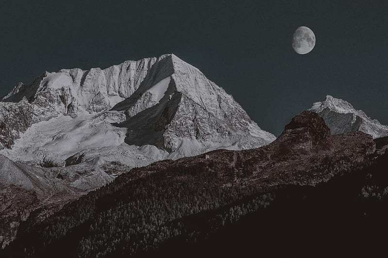 Snow Covered Mountain Moon , mountains, snow, nature, HD wallpaper