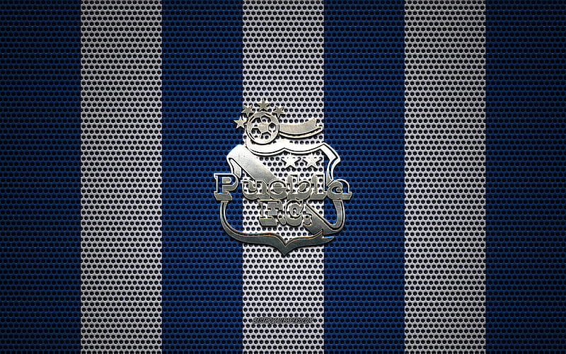 Puebla FC logo, Mexican football club, metal emblem, blue and white metal mesh background, Puebla FC, Liga MX, Puebla de Zaragoza, Hidalgo, Mexico, football, Club Puebla, HD wallpaper