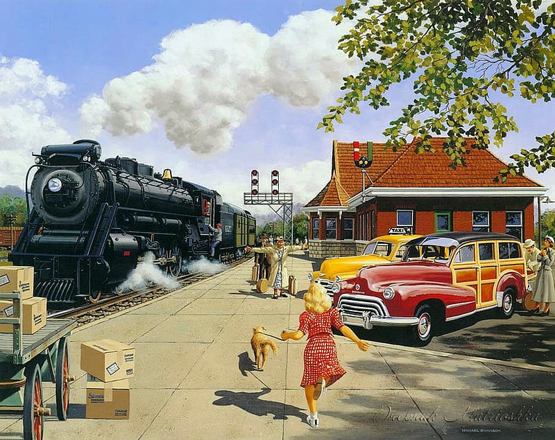 Here at Last, steam, woman, artwork, train, car, painting, station, child, vintage, HD wallpaper