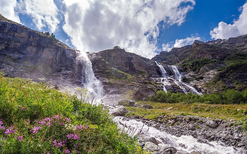 Waterfall in Caucasus, Russia, Russia, mountains, Caucasus, waterfall, nature, HD wallpaper