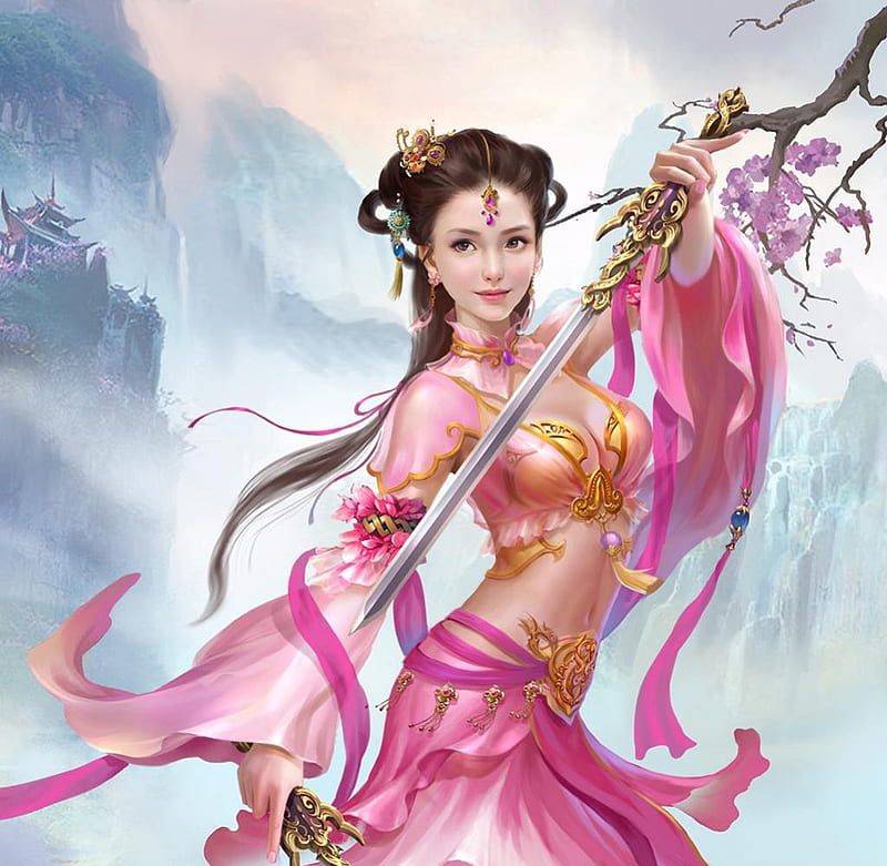 Beautiful Warrior Girl, warrior, girl, bonito, pink, sword, HD wallpaper