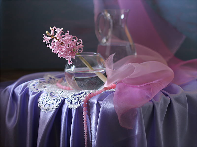 still life, hyacinth, lace, bonito, silk, graphy, nice, gentle, pink, harmony, satin, necklace, elegantly, water, cool, flower, kettle, HD wallpaper