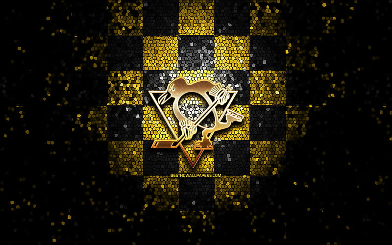 Pittsburgh Penguins, golden logo, NHL, yellow metal background
