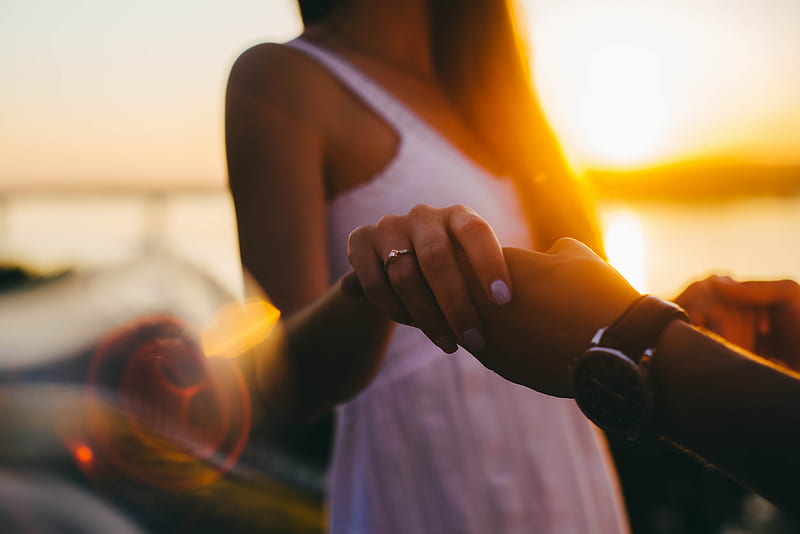 selective focus graphy of woman wearing white sleeveless dress holding human hand during golden hour, HD wallpaper