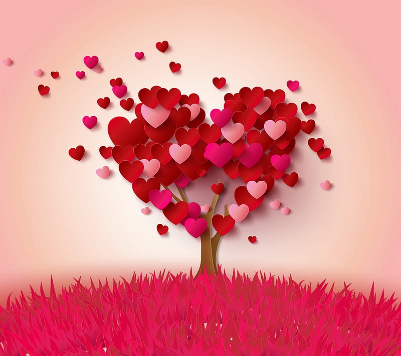 Red Heart Tree, love, pink, HD wallpaper