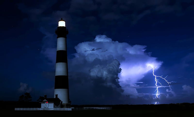 Bodie Island Lighthouse, Nags Head,N.C, Bodie Island, Lighthouse, Lightning, North Carolina, HD wallpaper