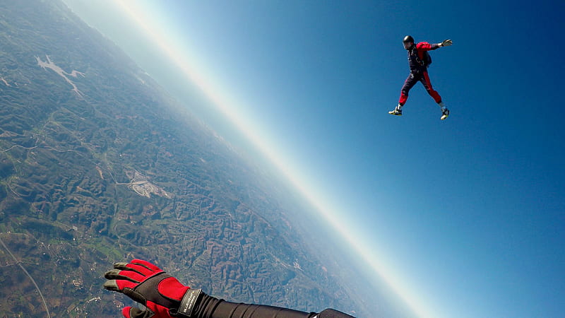 man in red and black outfit air diving, HD wallpaper