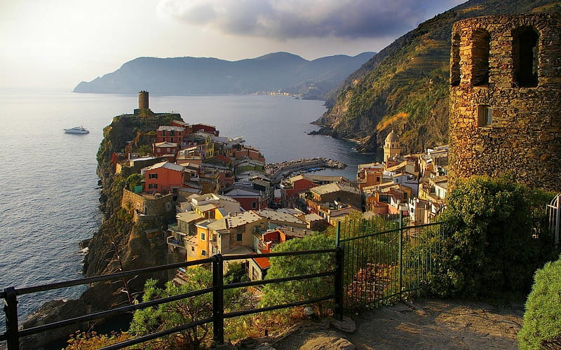 magnificent town on the italian seacoast, cliff, sea, coast, town, HD wallpaper