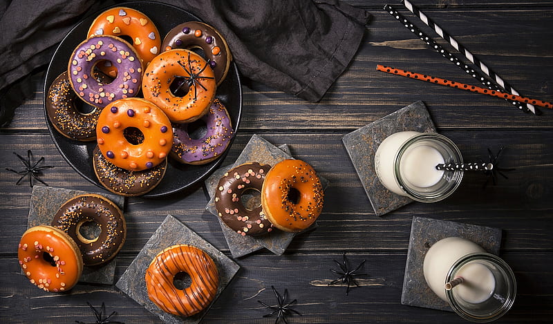 Happy Halloween!, halloween, milk, sweet, card, orange, food, black, spider, dessert, glass, donut, HD wallpaper