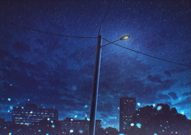 raining, anime landscape, night, buildings, scenery, light, Anime, HD wallpaper