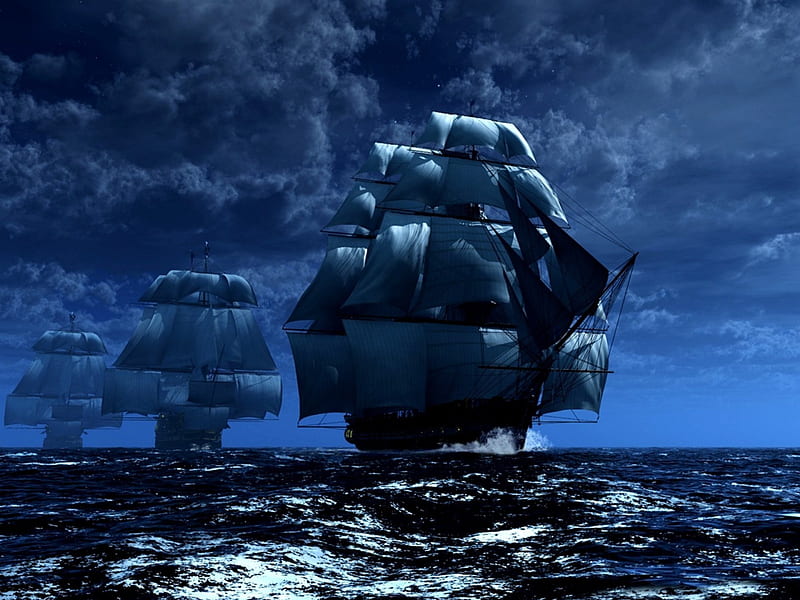 three ships, ships, noght, sky, ocean, HD wallpaper