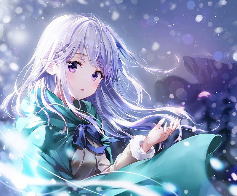 emilia, re:zero kara hajimeru isekai seikatsu, cape, snow, Anime, HD wallpaper