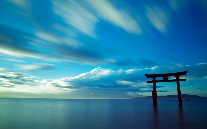 Torii Gate, gate, japan, torii, japanese, ocean, sky, scenery, HD wallpaper