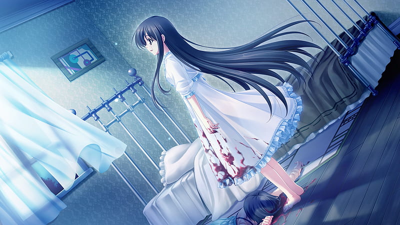 coldness, girl, cg, sad, game, room, bed, blood, HD wallpaper