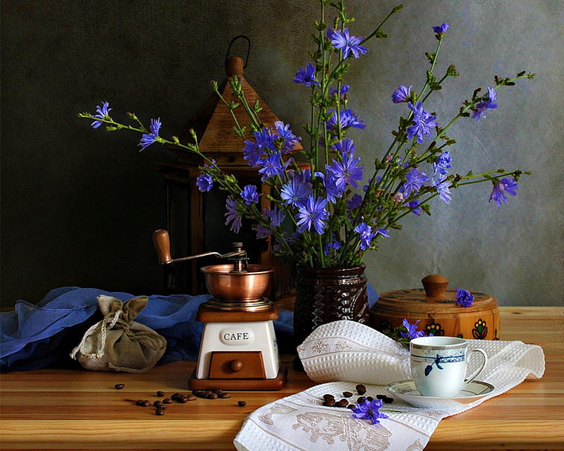Still Life, blue flowers, pretty, cup of coffee, vase, bonito, graphy, coffee time, flowers, beauty, blue, lovely, romantic, romance, beans, coffee beans, blue petals, coffee, cup, nature, petals, HD wallpaper