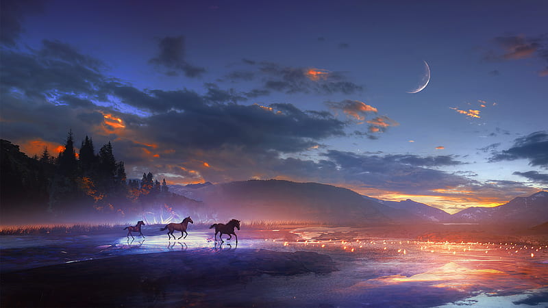 Horses Running Dreamy Scenery, artist, artwork, digital-art, , dreamy, fantasy, HD wallpaper