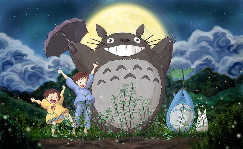 My Neighbour Totoro, moon, anime, miyazaki hayao, umbrella, clouds, hayao miyazaki, miyazaki, HD wallpaper