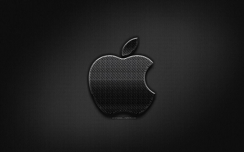 Apple black logo, creative, metal grid background, Apple logo, brands, Apple, HD wallpaper