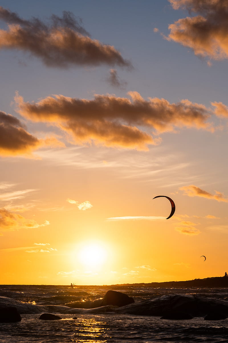 paragliding, sunset, sea, sky, HD phone wallpaper