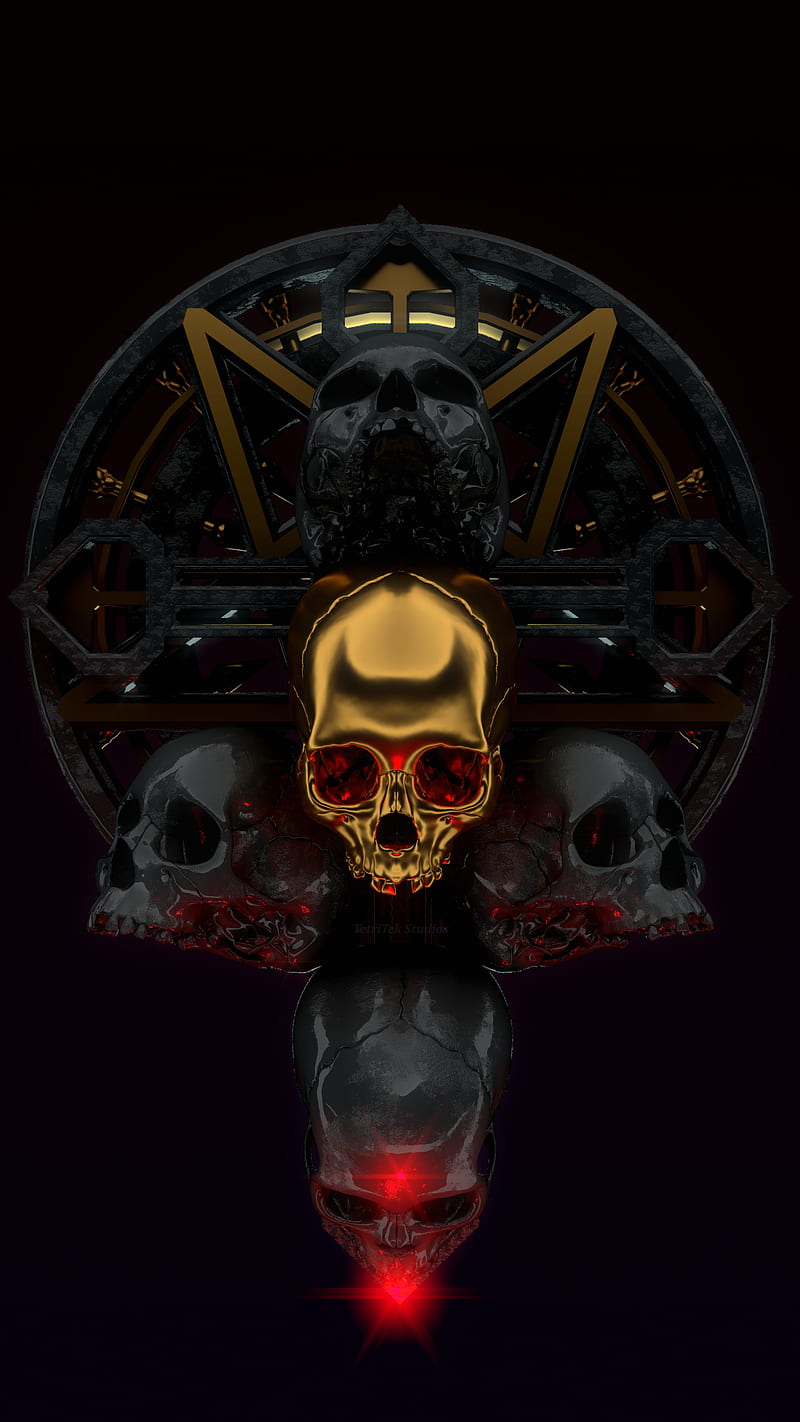 Ceremonial Skulls Gold, 3d, Gothic, TetriTek, art, black, cross, goth, halloween, pentagram, red, ritual, shrine, skull, HD phone wallpaper