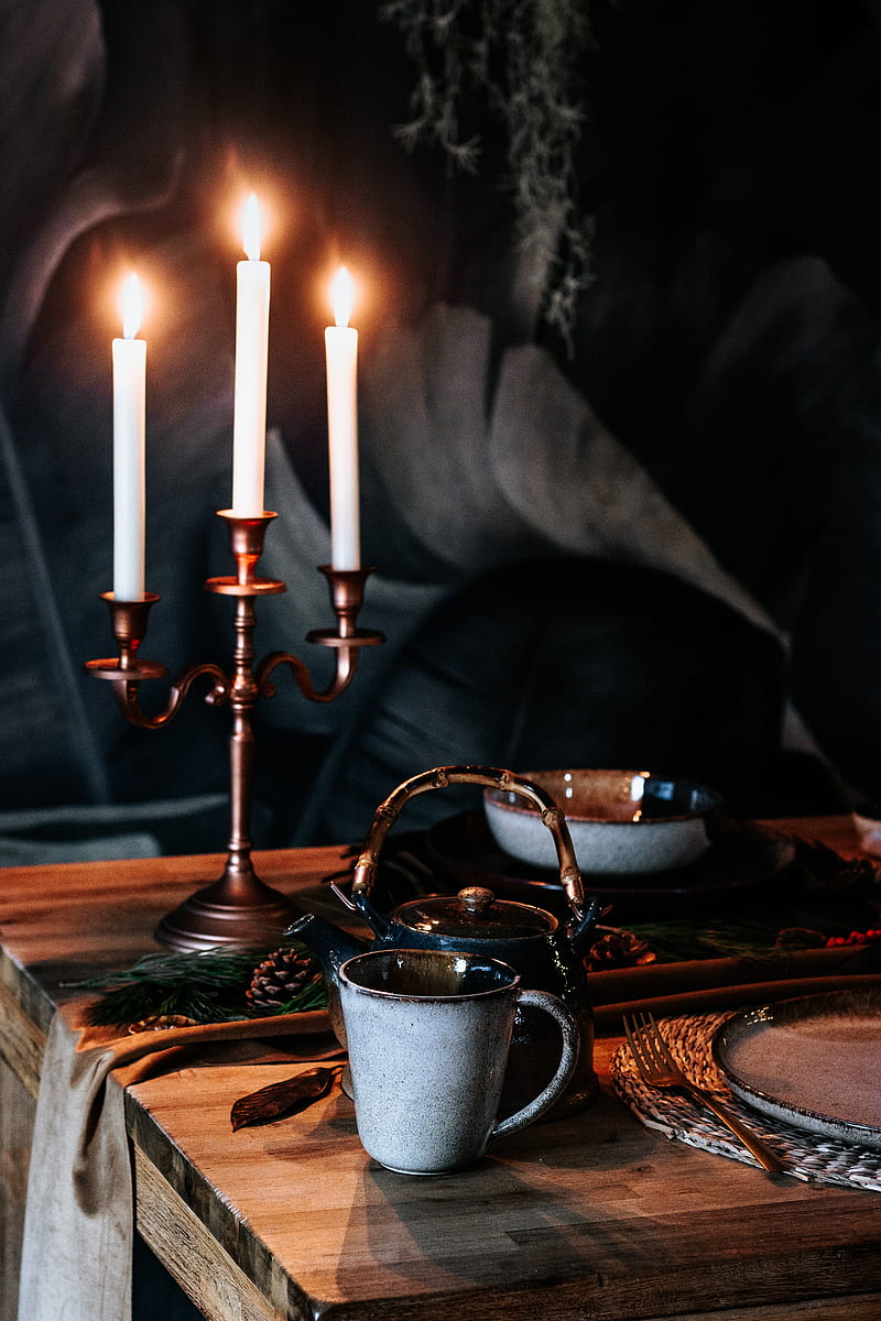 cup, kettle, candles, table, HD phone wallpaper