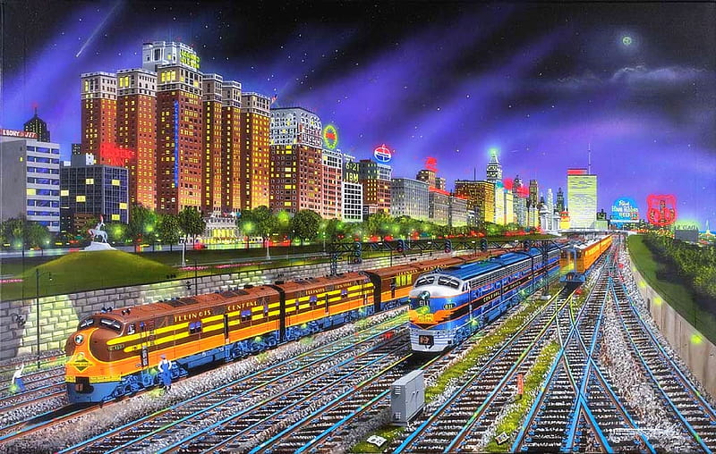 Chicago Central, painting, diesel, chicago, trains, HD wallpaper