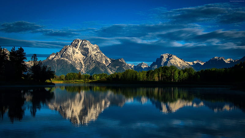 Mount Moran Reflected in Snake River, mountains, nature, river, clouds, sky, reflection, HD wallpaper