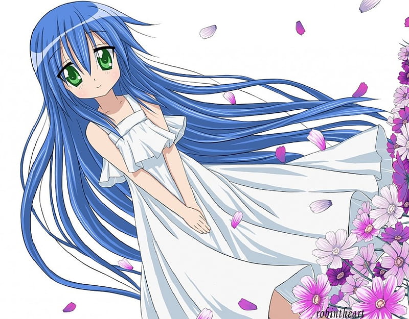 ~Izumi Kanata~, dress, green eyes, spring, lucky star, blue hair, izumi kanata, anime, flowers, petals, long hair, HD wallpaper