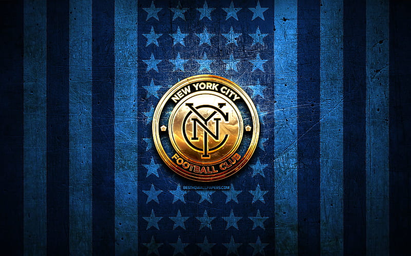 New York City FC flag, MLS, blue metal background, american soccer club, New York City FC logo, USA, soccer, New York City FC, golden logo, HD wallpaper