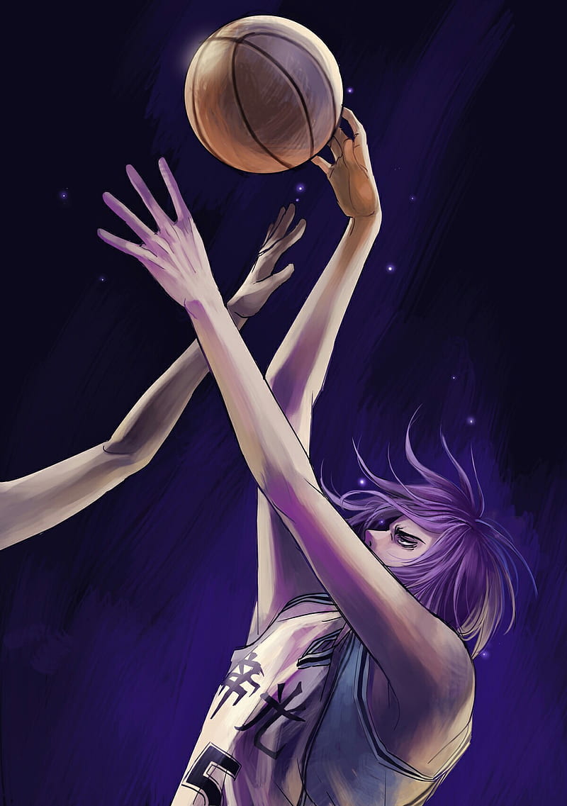 basketball, purple hair, balls, arms up, drawing, HD phone wallpaper