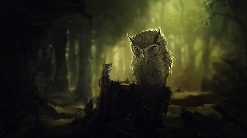 Owl and the Mouse, owl, forest, fairy tale, woods, fantasy, green, mouse, story, imagination, Firefox Persona theme, HD wallpaper