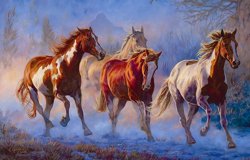 Twilight horses, art, chris cummings, luminos, orange, horse, animal, cal, painting, pictura, blue, HD wallpaper
