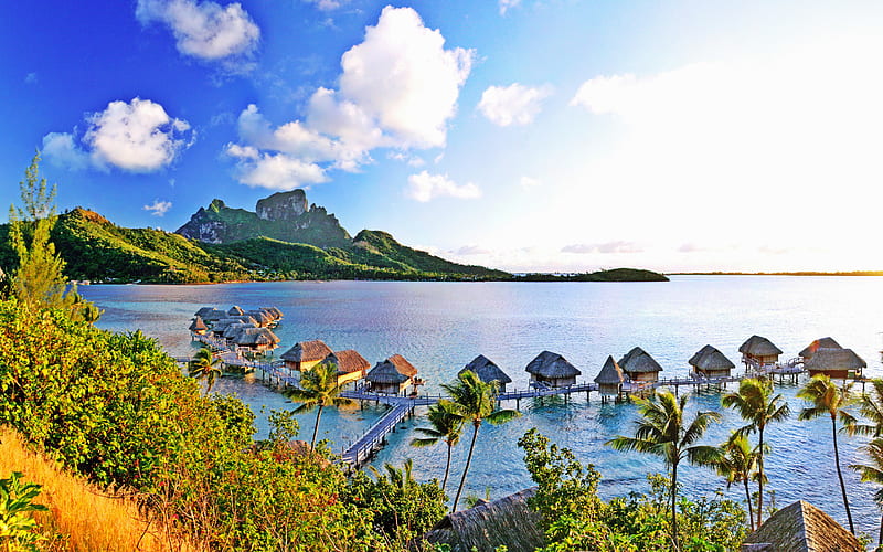 Bora Bora, R, Pacific ocean, tropics, bungalow, sea, French Polynesia, HD wallpaper