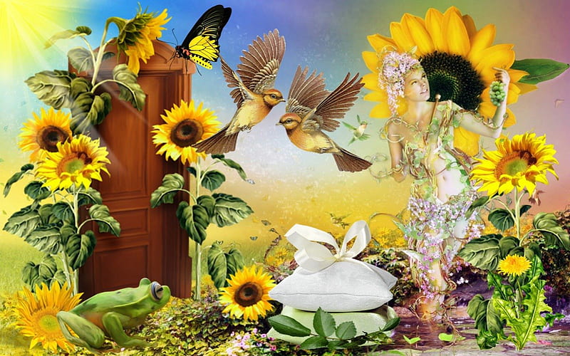 Sunflower, sun, yellow, frogg, sommer, fairy, HD wallpaper