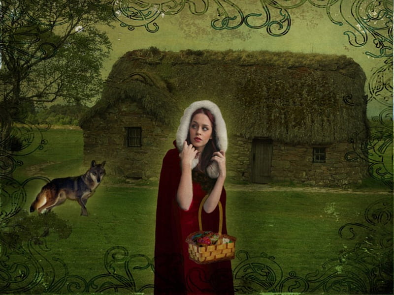Little Red Riding Hood, red, fantasy, wolf, riding, HD wallpaper