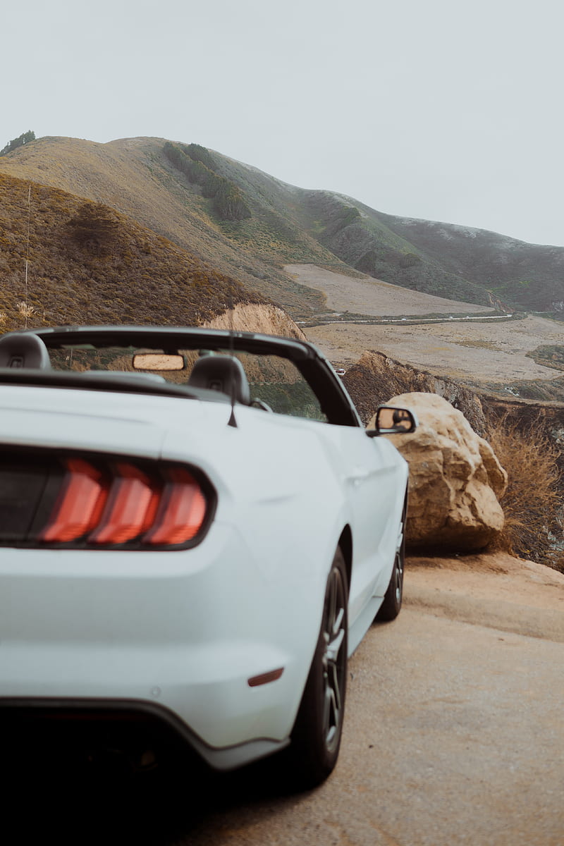 car, convertible, white, rear view, mountains, HD phone wallpaper
