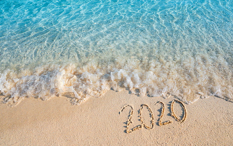 2020 concepts, beach, sand, inscription 2020 in the sand, summer 2020, Happy New Year 2020, summer, HD wallpaper
