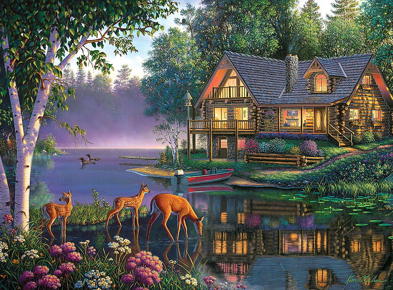 Cottage, art, pictura, deer, kim norlien, house, water, lake, painting