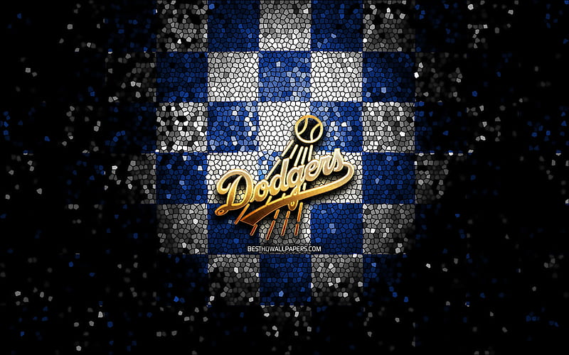 Los Angeles Dodgers, glitter logo, MLB, blue white checkered background, USA, american baseball team, Los Angeles Dodgers logo, mosaic art, baseball, America, LA Dodgers, HD wallpaper